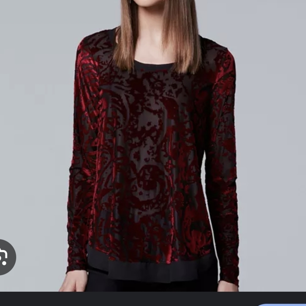Simply Vera Wang Velvet Burnout Long Sleeve Tunic Top sz L Red Black Whimsygoth